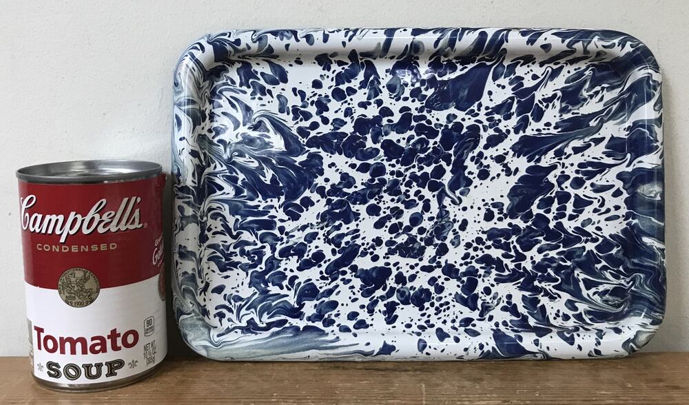 Vintage Antique Blue White Swirl Enamelware Cocktail Serving Tray Dish 10"x7"